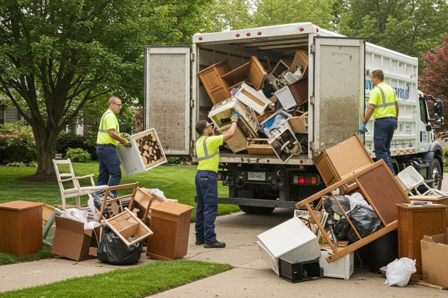 Crew loading furniture and appliances into the truck at a residential pickup